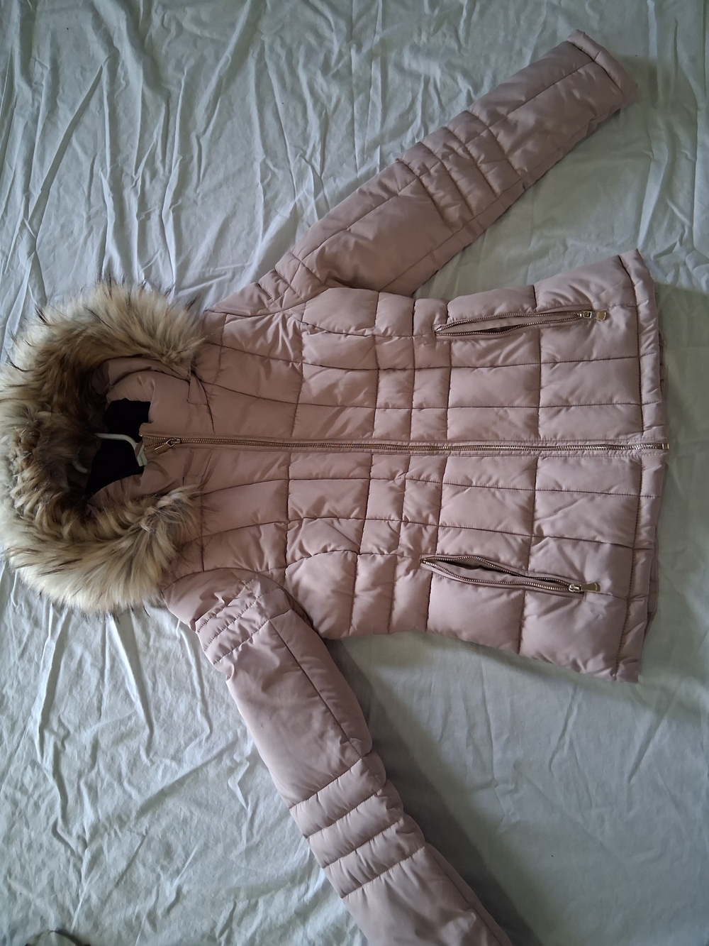 Calvin Klein Blush Pink Quilted Hooded Puffer with Faux Fur Trim